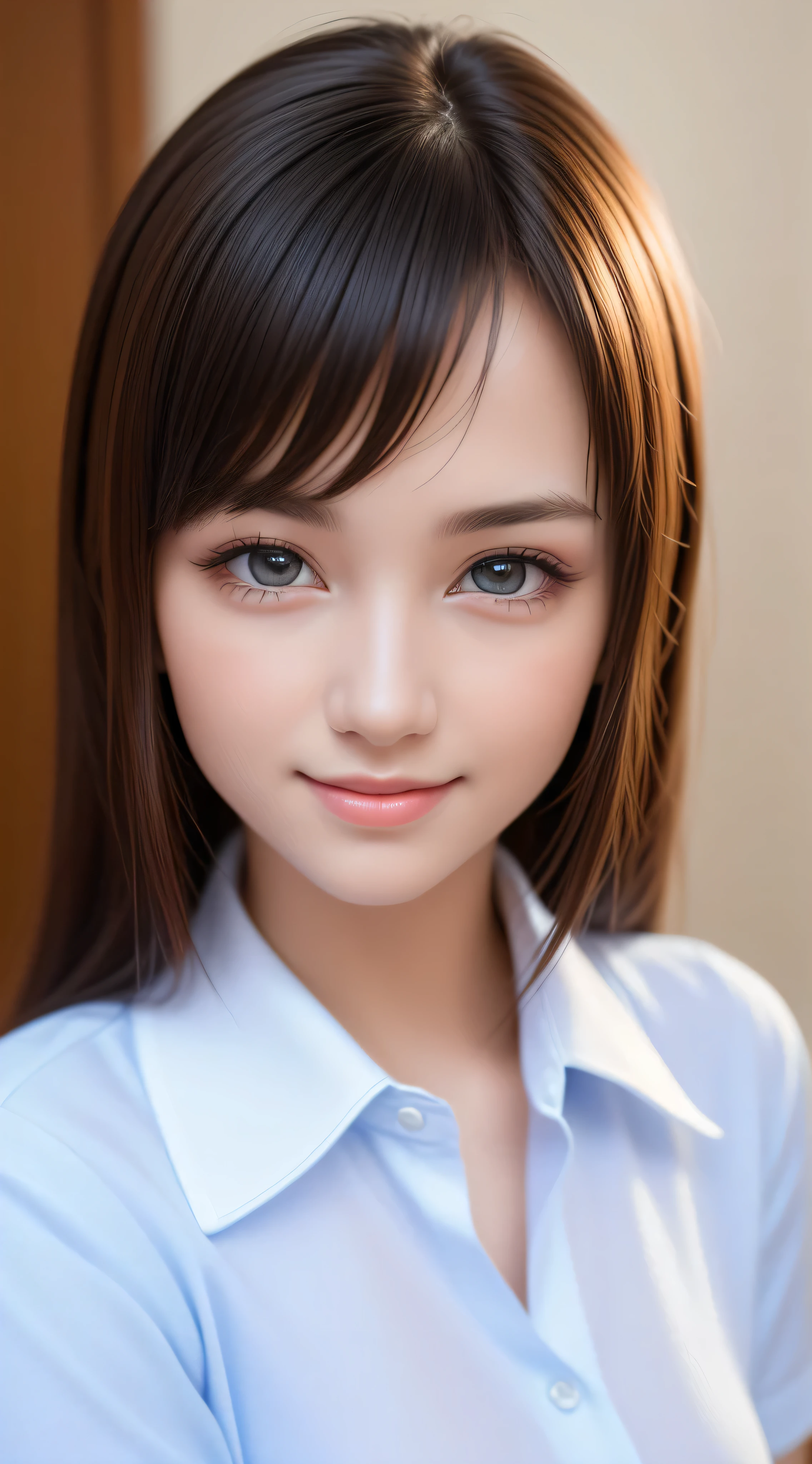 , 1girl in, Extremely cute, Amazing face and eyes, (Beautiful lovely smile), (extremely detailed beautiful face), bright and shiny lips, Super beautiful, (School blouse:1.3), (Best Quality:1.4), (hyper quality), (Ultra-detailed), (Hyper-realistic, Photorealsitic:1.37), Authentic skin texture, Highly detailed CG integrated 8k wallpapers, RAW Photos, professional photograpy, Cinematic lighting,
