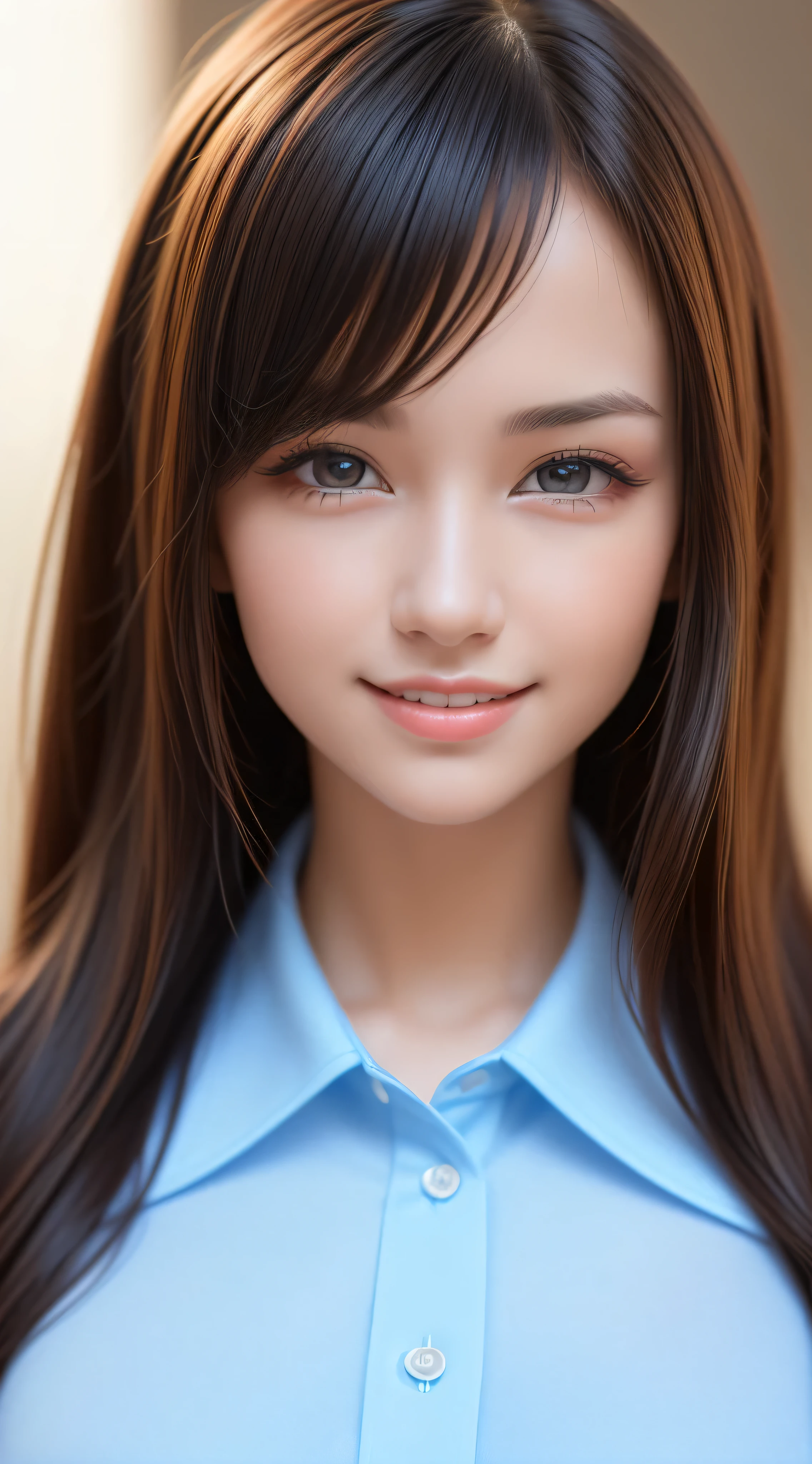 , 1girl in, Extremely cute, Amazing face and eyes, (Beautiful lovely smile), (extremely detailed beautiful face), bright and shiny lips, Super beautiful, (School blouse:1.3), (Best Quality:1.4), (hyper quality), (Ultra-detailed), (Hyper-realistic, Photorealsitic:1.37), Authentic skin texture, Highly detailed CG integrated 8k wallpapers, RAW Photos, professional photograpy, Cinematic lighting,