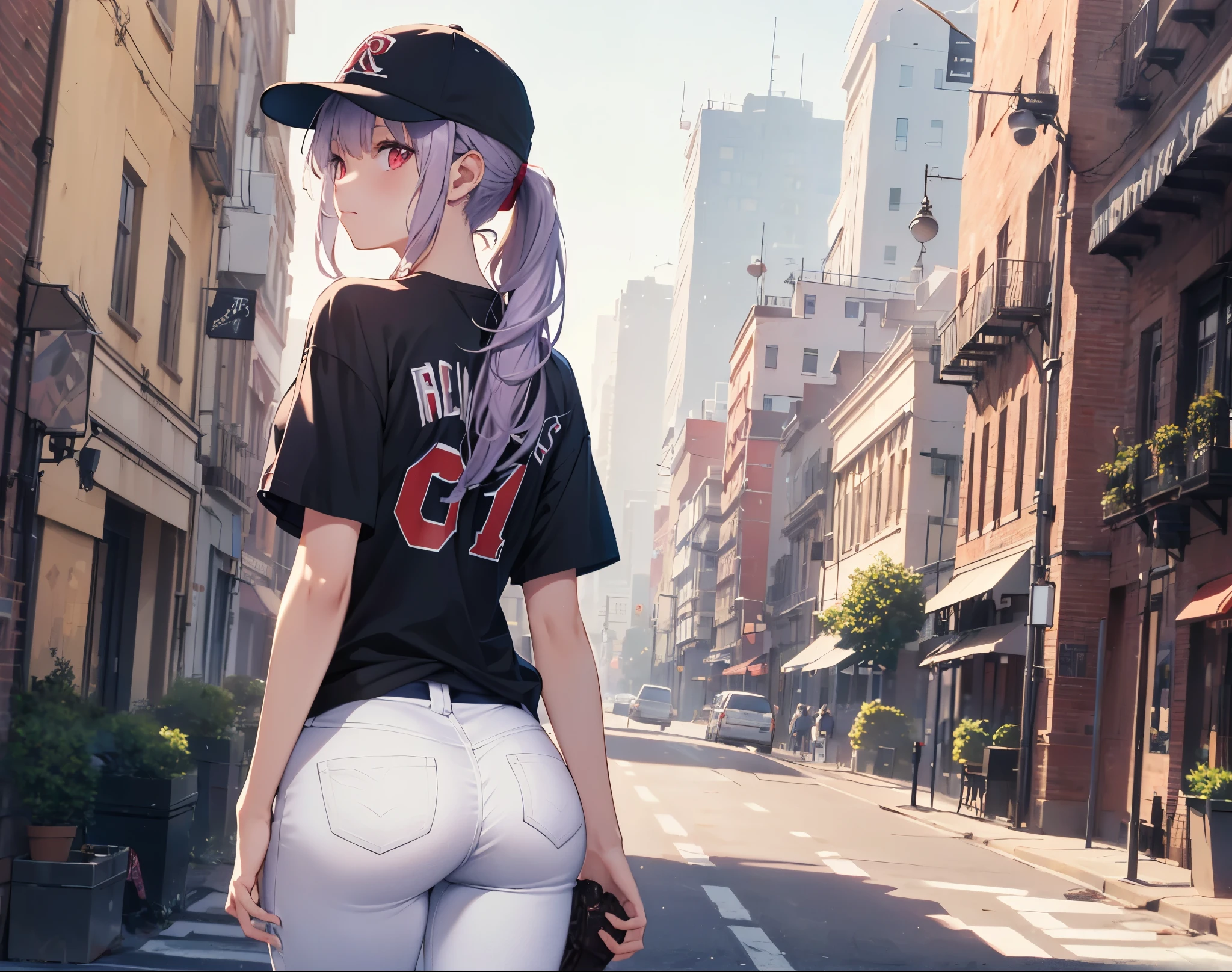 (Close-up:1.3),Realistic,Highest quality, Super detailed, High-quality CG rendering, The most delicate and beautiful, Floating softly, High resolution, (1 girl), (Highest quality,4K,8K,masterpiece:1.2), Light purple hair,(Very long ponytail:1.5),Red eyes,(Pure white oversized short sleeve T-shirt:1.3),(Black skinny jeans:1.3),(Pure white baseball cap:1.3),In the city,old buildings,(Turn your back to your audience:1.3),Butt