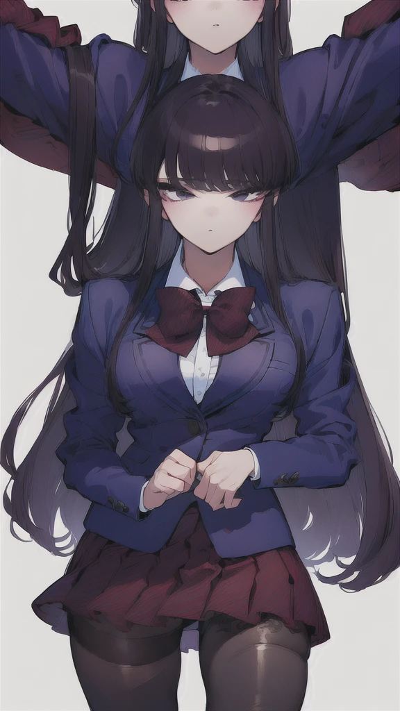 (masterpiece, best quality:1.2),intricate design, (insanely detailed:1.4), (extremely fine details:1.35),masterpiece, best quality, hyper-detailed((masterpiece)), (best quality), (detailed)
ShokoKomidef, purple hair, purple eyes, long hair
, (black pantyhose:1.3),, (school uniform:1.3), red skirt, red bow, (blazer:1.3) (microskirt:1.3)
microskirt