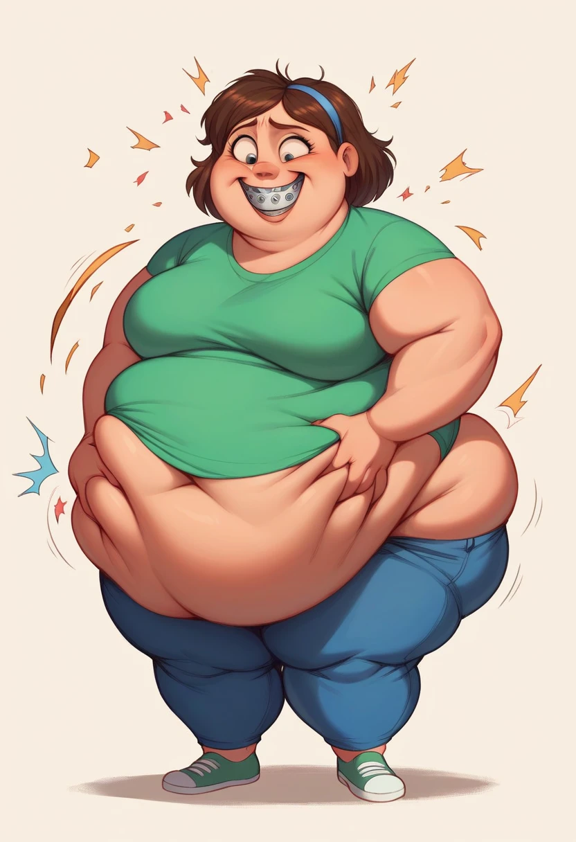 Fat obese, sssbbw, gluttony, high school girl, pixar animated, toothy grin, braces, grabbing belly, Masterpiecev10, Extremely detailed, wardrobe malfunction