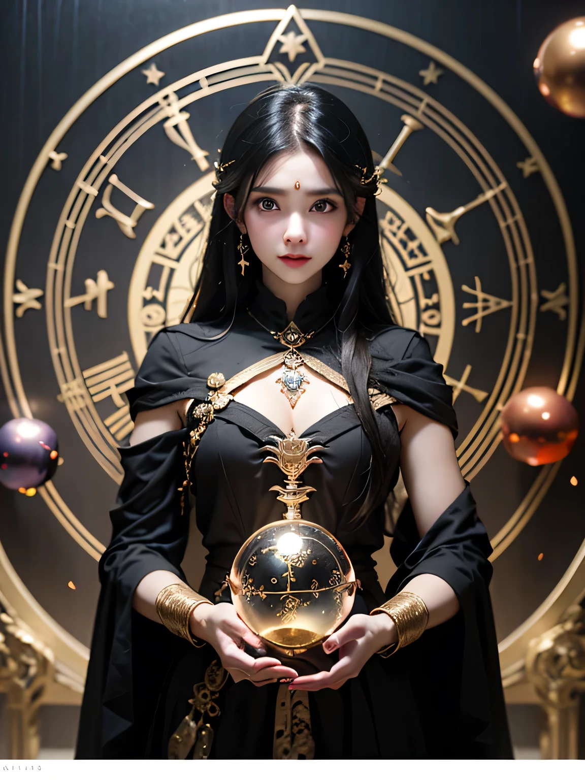 ultra-detailed, detailed face, meishaonv, gun, magic circle, V0id3nergy,
Raw photo、Realistic、masterpiece、(Highest quality)、(High resolution:1.2)、(Perfect Anatomy:1.3)、View your viewers、Angle from below、One girl、(Beautiful girl astrologer)、fortune teller、Prophet、Horoscope、Tarot reading、(Super hourglass body type:1.3)、(Super big breasts)、(Glowing spheres on both palms:1.3)、Correct fingers、A confident smile、Black Hair、Magic circle in the background、Astrology magic circle、Acrobatic pose、A dramatic, cinematic atmosphere、(Increased transparency:1.3)、(Super see-through)、Crystal Jade、Tarot Cards、Celestial globe、mysterious、