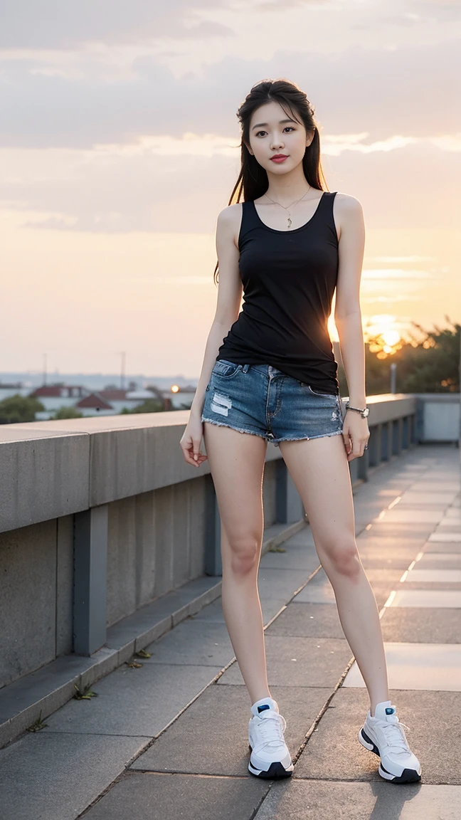 ulzzang-6500-v1.1, (RAW photos:1.2), (Photorealism), Beautiful and delicate girl, (real: 1.4), (Piece Fly), 1 girl, Photo model, Smile, Focus on your audience, Beautiful Lights, best quality, masterpiece, Ultra-high resolution, Practical, Black Hair, Short vest, shorts, Oval face, Both eyes, Both eyes皮, Long eyebrows, Long eyelashes, A faint smile, Chest 32 inches,The face is good, Perfect proportion、super Practical stockings, Medium , White skin,( Sunset background:1.4), full-body shot:1.2,Playful and flirty pose,The calves are straight and thin:1.5,Wear high-end brand colored sneakers:1.5,