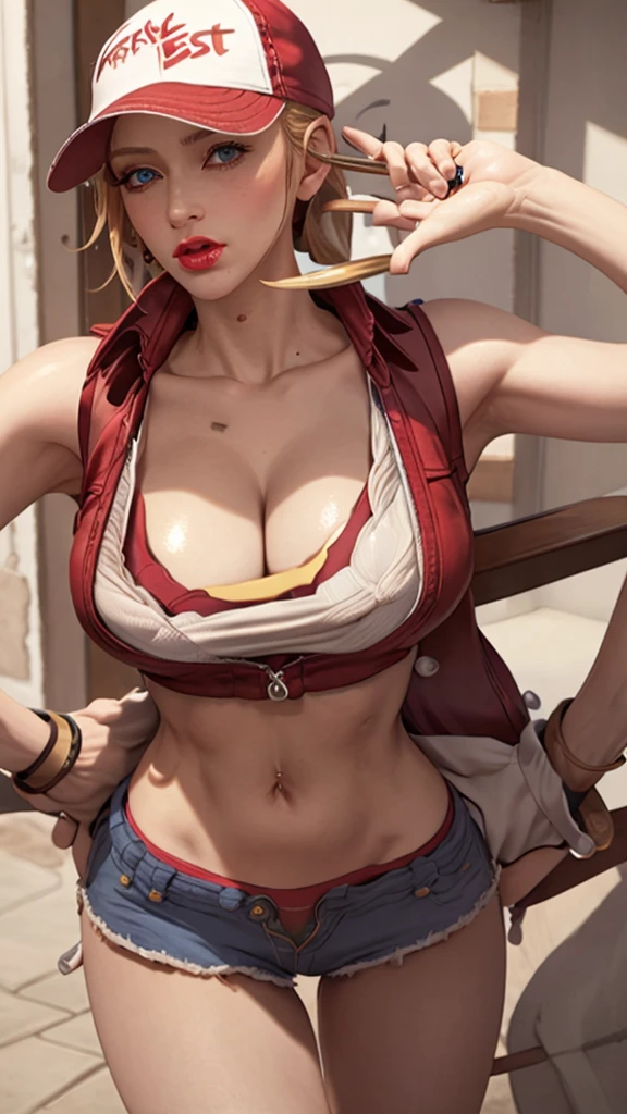 ((((masterpiece, best quality, high resolution)))), Extremely detailed 8K, 1 female, matte eyeshadow, eyelashes, eyeliner, glossy lipstick, (pouty lips:1.3) makeup, blush, BREAK detailed background, BREAK Terry Bogard girl, blond hair, ponytail, long hair, baseball cap, fingerless gloves, denim shorts, (Ultra HD, Ultra-detailed, Highly detailed, Highly realistic, Ultra-realistic, photograph realistic), (1girl:1.5), (Realistic long blond hair), (dynamic poses), facing at camera, looking at viewer, (a serious focus face), (regular blue eyes, sharp eyes), (perky breasts:1.2), (beautiful detailed face, beautiful detailed eyes), glow, (sunbeam, sunlight), ((cowboy shot)), seductive, very detailed proportionate hands, EnvyBetterHands LoCon,