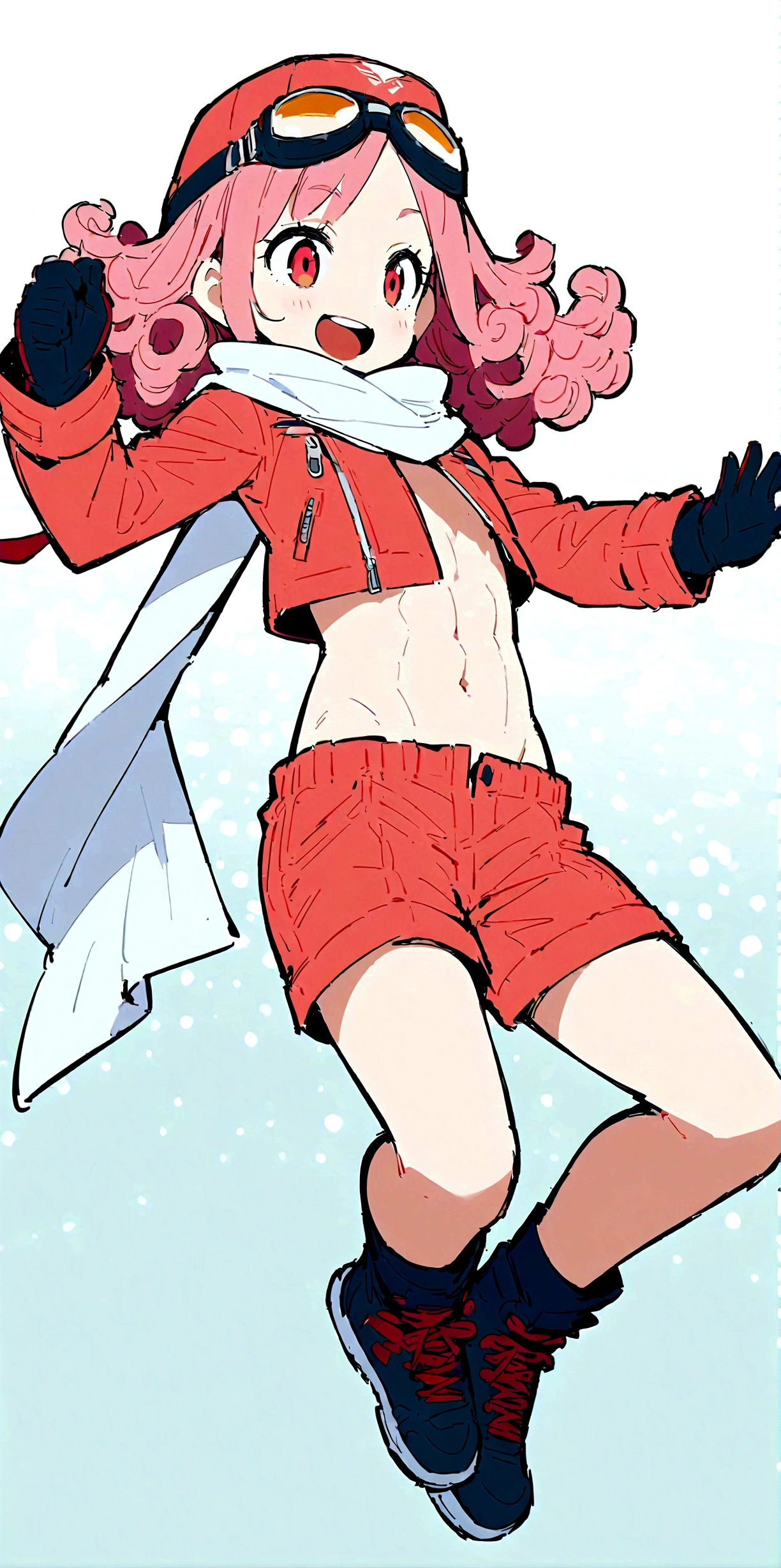 Anime Boys、Both have、Six Pack Abs、Pink Hair、Goggles on head、Curly Hair、Long Hair、happiness、solo、skinny body、smile、detailed、Highest quality、masterpiece、Flight Cap、Scarf、Shorts、gloves、navel、slender、coat、Open Mouth