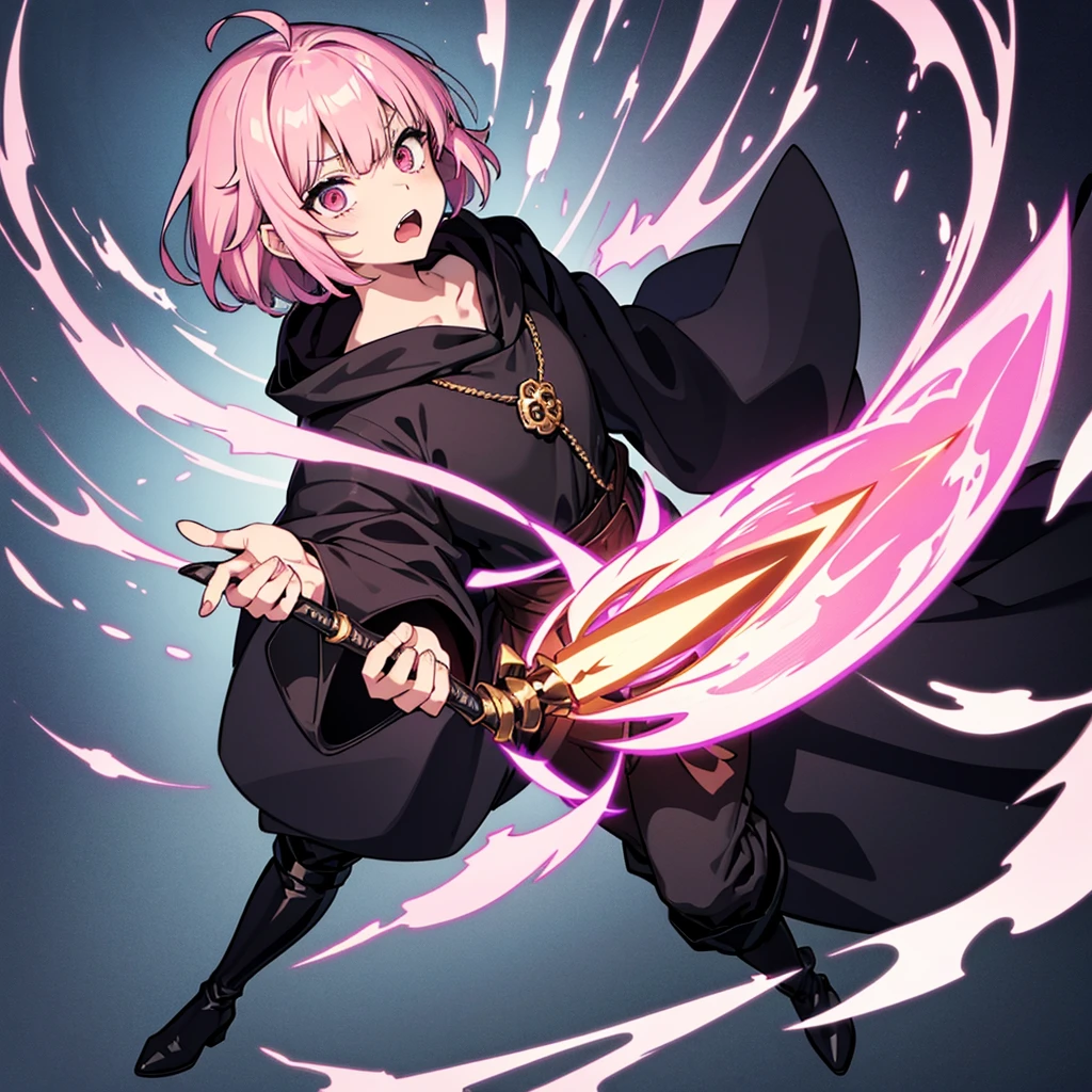 (Full body character concept)、(From above at an angle、From the back、Back view)、Best illustrations、Best Quality、(Solo、23 years old)、(The same face:1.1),Medieval Fantasy、Magic wand,(White Background)、(Pink Hair、Very Short Hair、Align your bangs)、(Black hood)、(((Long sleeve、Black Robe、pants、Knee-high boots)))、Run、(get annoyed、Open your mouth)