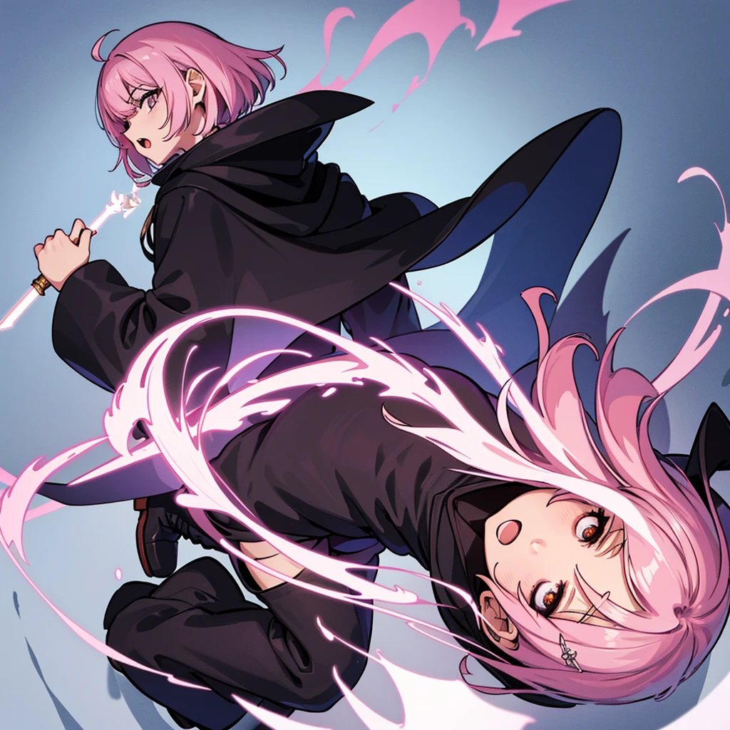 (Full body character concept)、(From above at an angle、From the back、Back view)、Best illustrations、Best Quality、(Solo、23 years old)、(The same face:1.1),Medieval Fantasy、Magic wand,(White Background)、(Pink Hair、Very Short Hair、Align your bangs)、(Black hood)、(((Long sleeve、Black Robe、pants、Knee-high boots)))、Run、(get annoyed、Open your mouth)