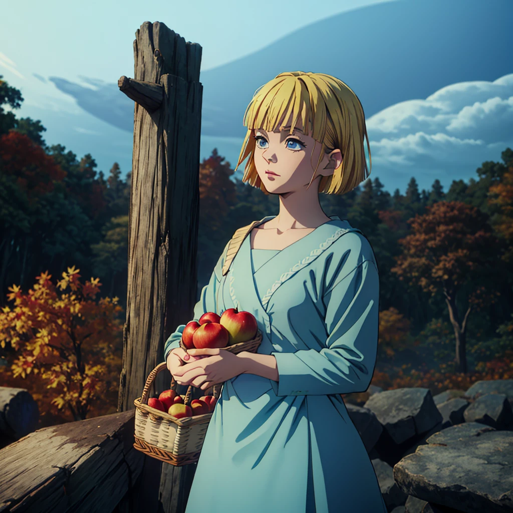 a girl with short blonde hair, in a light blue dress, holding a basket of apples, looking at the sky while an eclipse occurs, in a forest, autumn, 2D, dark environment, dry leaves