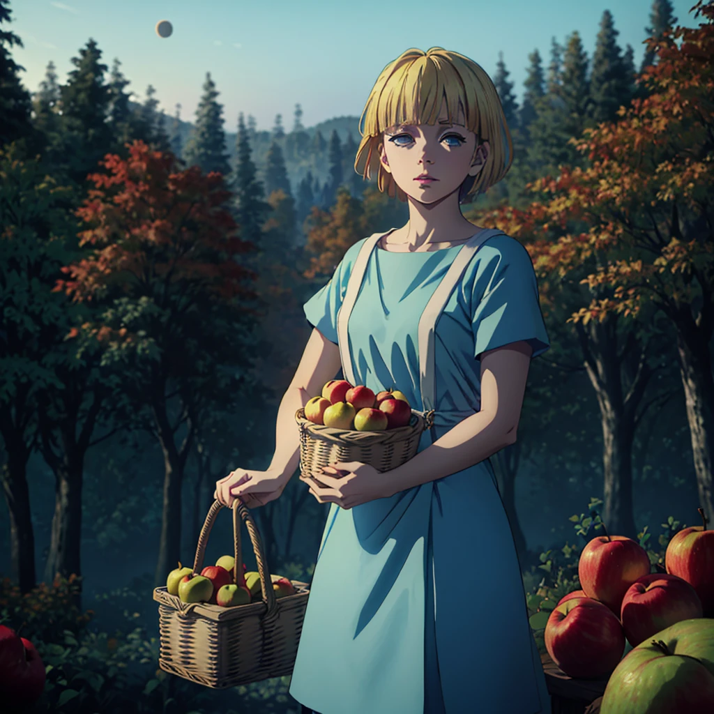 a girl with short blonde hair, in a light blue dress, holding a basket of apples, looking at the sky while an eclipse occurs, in a forest, autumn, 2D, dark environment, dry leaves