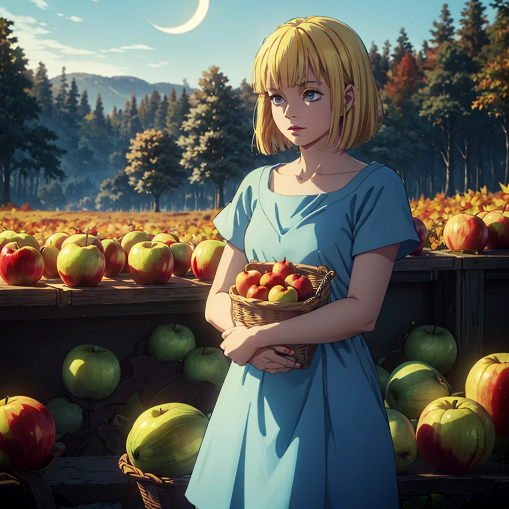 a girl with short blonde hair, in a light blue dress, holding a basket of apples, looking at the sky while an eclipse occurs, in a forest, autumn, 2D, dark environment, dry leaves