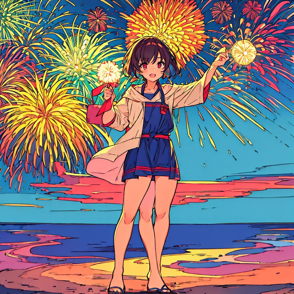 Simple background, plain, girl, fireworks