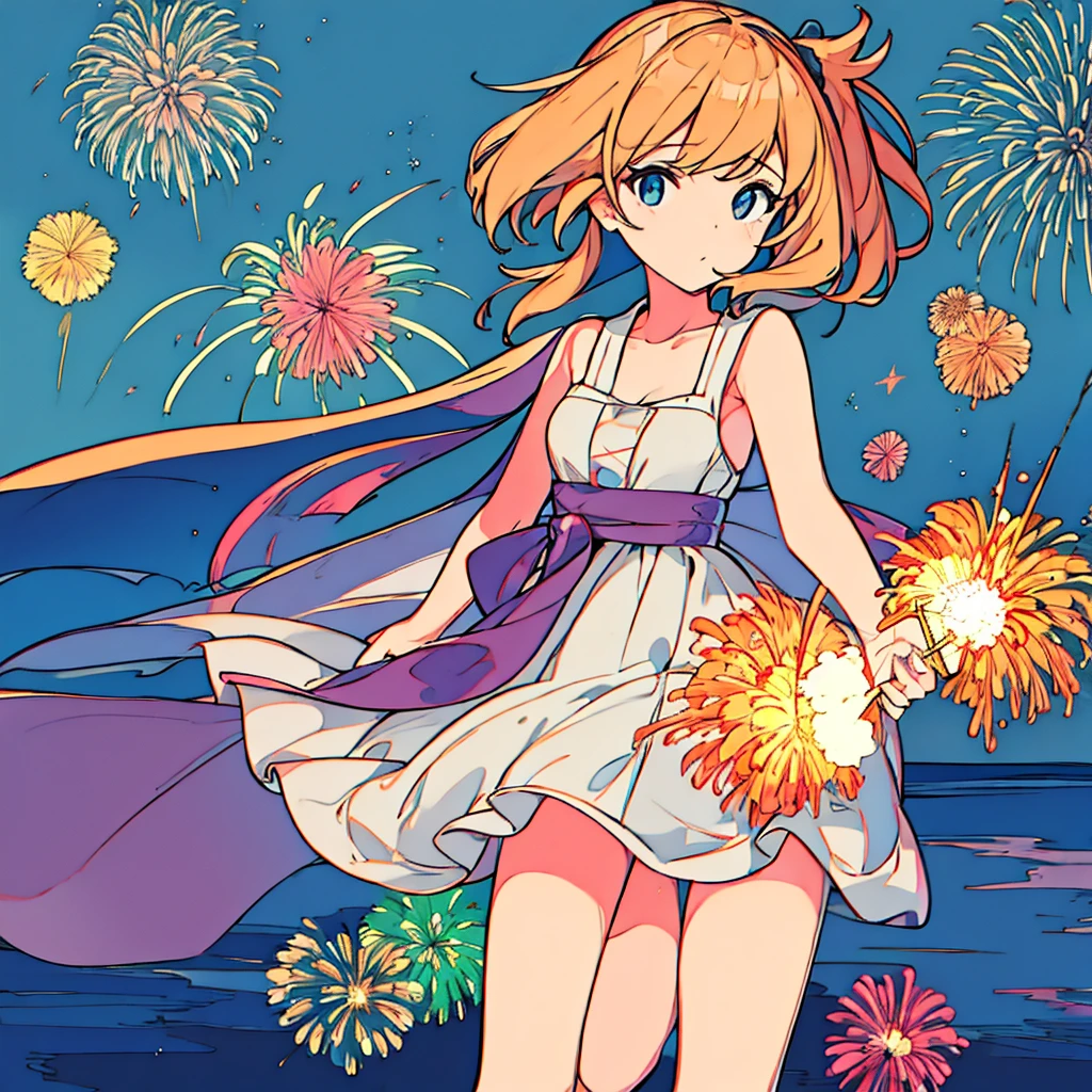 Simple background, plain, girl, fireworks