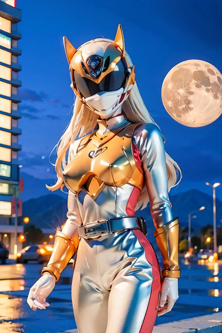(Masterpiece, 4K resolution, ultra-realistic, highly detailed), (White costume superhero theme, charismatic, girl on top of the city, wearing white Spider-Man costume, superheroine), [((23 years old), (long white hair:1.2), full-body, (blue eyes:1.2), (Spider-Man dynamic poses) ((gritty urban environment):0.8)| (urban landscape, nighttime, dynamic lights), (full moon))]., power suit, powerranger, suit, spd, (Power ranger suit), gold detail, masked, chibi, blind box,