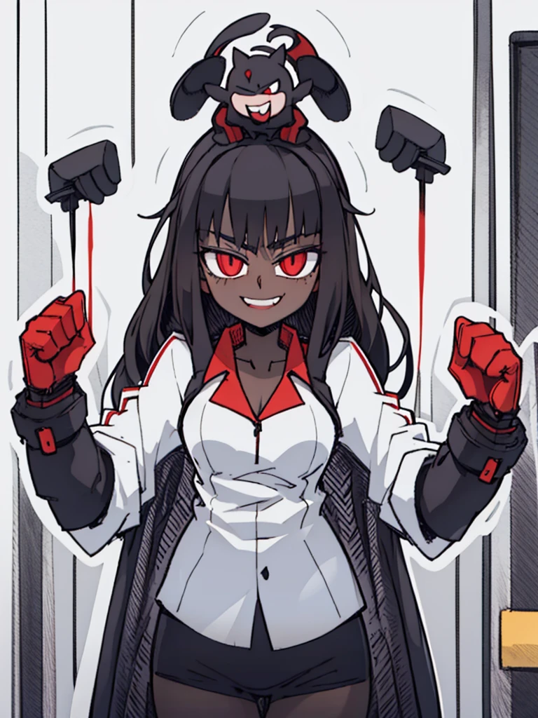 Score_9, score_8_up, score_7_up, score_6_up,  gyaru, source_アニメ, 1girl, 独奏, white background, abstract rectangular background, honoka, gazing at viewer, very dark skin, cat Woman, white suit, malicious smile, Evil eyes, manikin doll, dark villain, laugh. 