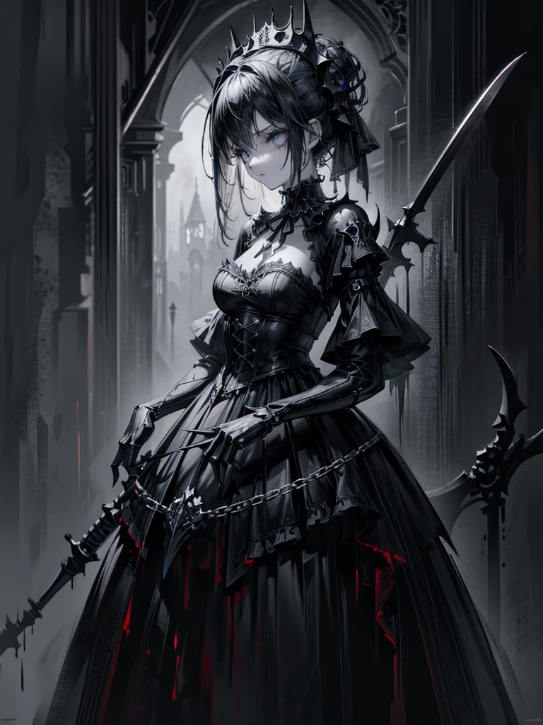 (a girl with) Aura-like gothic lighting, realistic Gothic-style artwork, detailed skeleton impaling itself with a sword in the neck, dark atmospheric background, high-res masterpiece:1.2, ultra-fine painting, professional, vivid colors