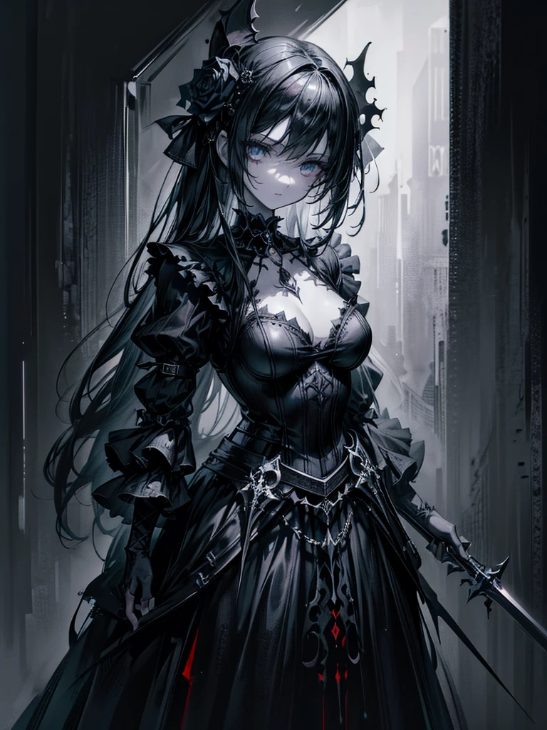 (a girl with) Aura-like gothic lighting, realistic Gothic-style artwork, detailed skeleton impaling itself with a sword in the neck, dark atmospheric background, high-res masterpiece:1.2, ultra-fine painting, professional, vivid colors