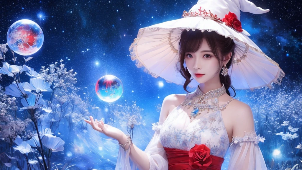 witch,Conservative clothing,Wearing a big hat,Blue crane,Wearing blue, Red and white princess dress,Upper body close-up,Close-up photos,Jewelry,Scenery of Heaven and Earth,Magic crystal ball,The background is the Milky Way,Solar System