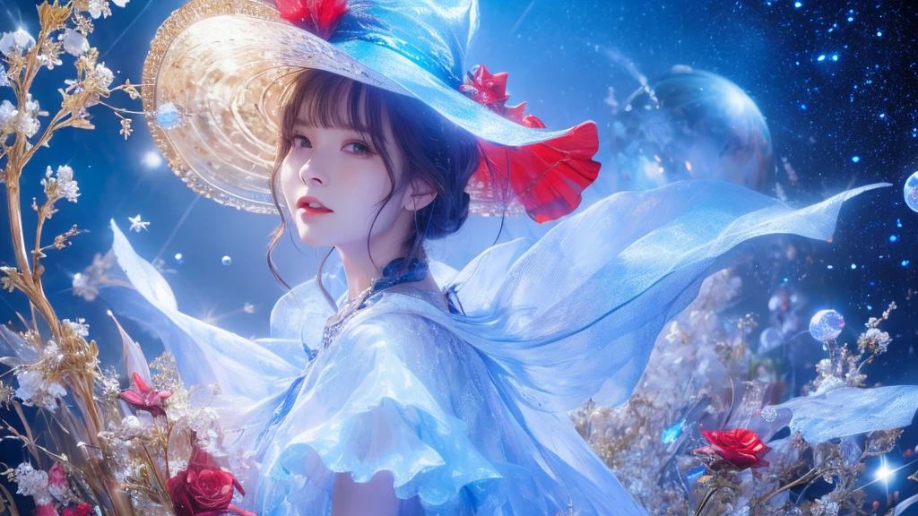 witch,Conservative clothing,Wearing a big hat,Blue crane,Wearing blue, Red and white princess dress,Upper body close-up,Close-up photos,Jewelry,Scenery of Heaven and Earth,Magic crystal ball,The background is the Milky Way,Solar System