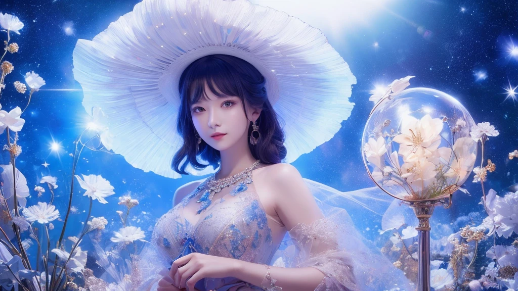 witch，Conservative clothing，Wearing a big hat，Blue crane，Wearing blue, Red and white princess dress，Upper body close-up，Close-up photos，Jewelry，Scenery of Heaven and Earth，Magic crystal ball，The background is the Milky Way，Solar System
