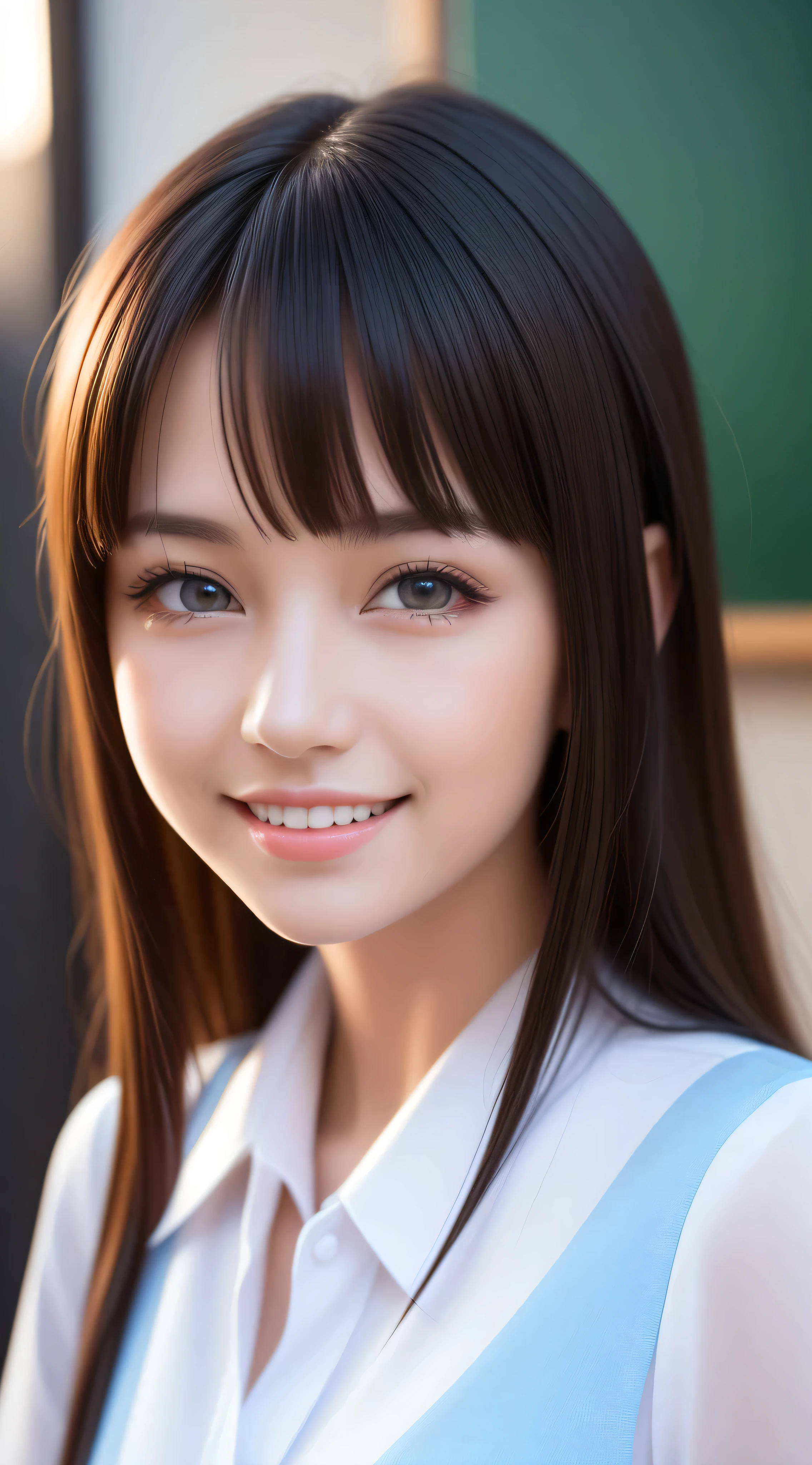 , 1girl in, Extremely cute, Amazing face and eyes, (Beautiful lovely smile), (extremely detailed beautiful face), bright and shiny lips, Super beautiful, (School blouse:1.3), (Best Quality:1.4), (hyper quality), (Ultra-detailed), (Hyper-realistic, Photorealsitic:1.37), Authentic skin texture, Highly detailed CG integrated 8k wallpapers, RAW Photos, professional photograpy, Cinematic lighting,
