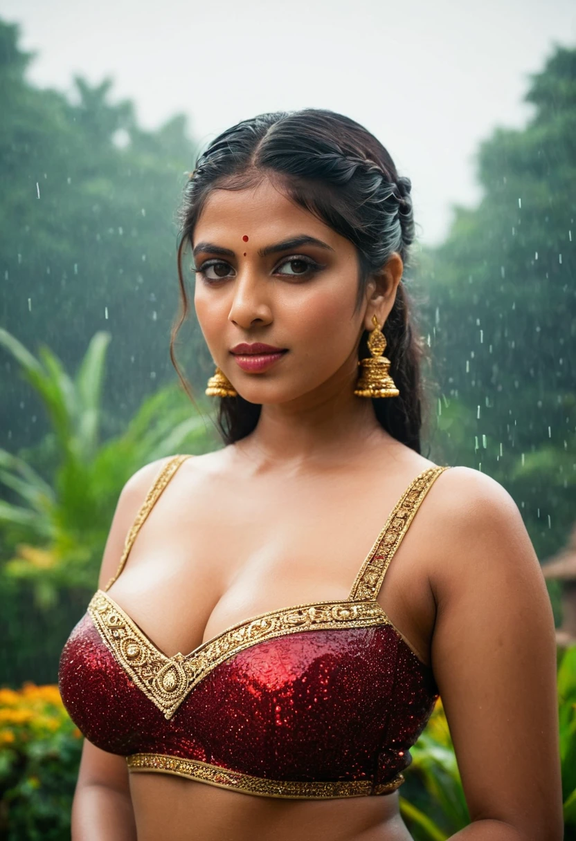 ((((photo of a ancient kerala crowned temple goddess )))) , ((((half body)))), ((((standing on garden temple )))), ((((age 18+)))), ((((chubby tall)))), (((((huge busty milky wet big massive boobs))))), ((((nude thigh)))), ((((ancient black mini skirt)))), ((((black skin dark body)))), (((red ornaments))), (((depth of field))), ((((( flame bokeh))))), (((((rain))))), (((((( flashing light leaks)))))), ((((((divine)))))), photorealistic,photo, realism, Getty Images, RAW candid cinema, 16mm, colour graded portra 400 film, remarkable colour, ultra realistic, textured skin, remarkable detailed pupils, realistic dull skin noise, visible skin detail, skin fuzz, dry skin, shot with cinematic,light leaks, RAW Image, DOF, depth of field,bokeh