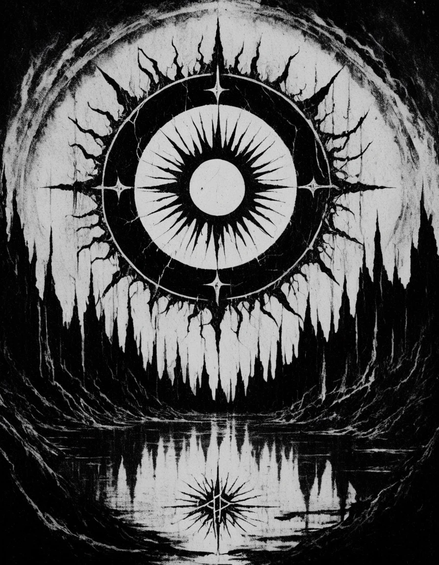 blackmetal style, xerox black and white, white sky, black sun portal, water below,
