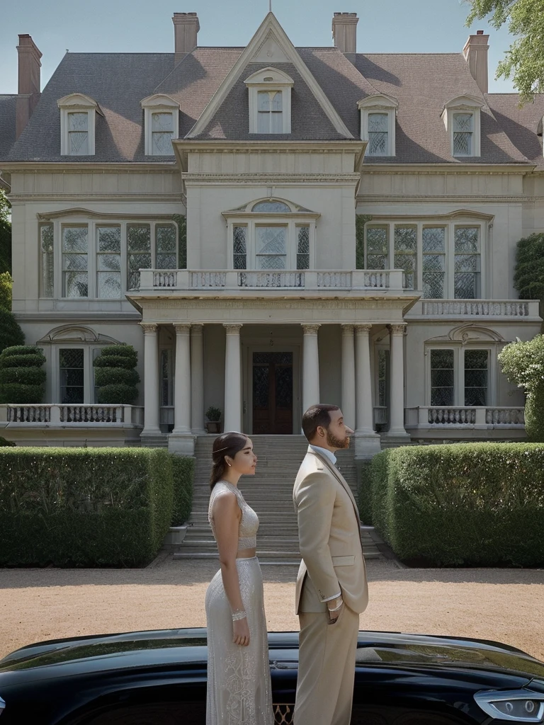 Two people stand side by side, one looks up at the mansion and luxury cars, while others looked down at their phones.