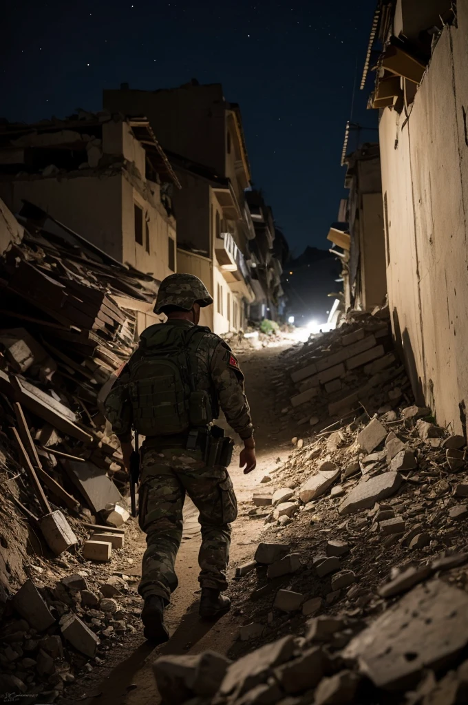 Soldier steps over rubble at night, in the dark.