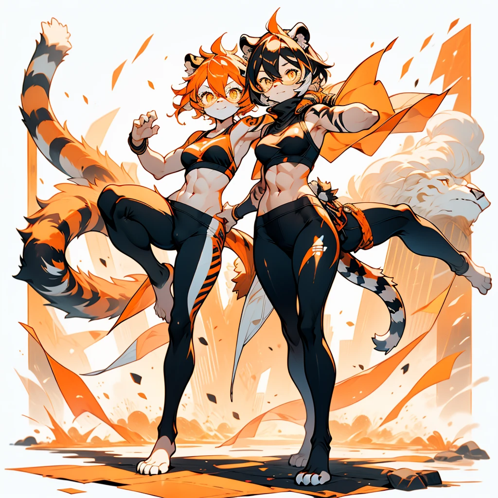 white background, full body, ((1girl,furry)), Standing Yoga mat,  young girl, animal ears, arknights, white hair, black hair, round eyewear, glasses, OPPEIN, short hair, large breasts, muscle, tail, orange eyes, orange hair, multicolored hair, tiger girl, furry female, hair between eyes, tiger_ears, tiger_tail, waai_fu, orange-tinted_eyewear, tinted_eyewear, Sophorae, ワイフー, waai_fu_arknights, tattoo, petite, neck tattoo, big breasts, stomach tattoo, bra, panties, evil smile, Shadows under feet, Abdominal muscles, Yoga tights, Yoga balls