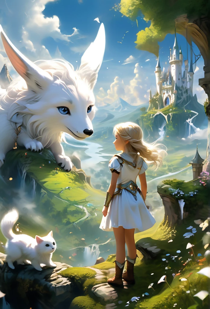 Certainly! Here’s the description of the image you shared:
The image depicts a young girl gazing at a fantasy world while accompanied by a white kit. The girl appears excited, and the surrounding landscape exudes a magical and mysterious quality. The white kit seems to be her trusted companion on this adventure.
Feel free to enjoy the scene! If you have any further questions, feel free to ask.