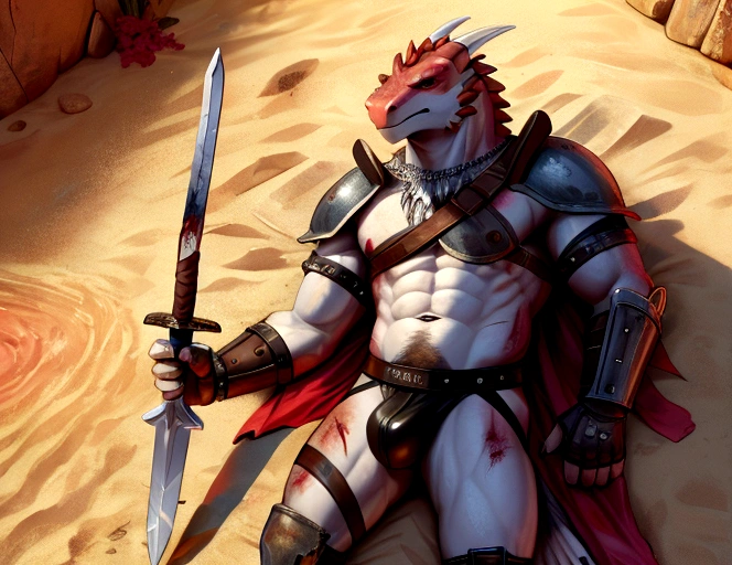 Solo Sexy young anthro scalie dragon male mercenary medieval solider, slim endomorph muscular, anthro handsome gay shorter muzzle, handsome gay model male apperance, sword scars, worn out leather skimpy armament, low on hips heavy leather belt, old very worn out skimpy dirty linen material jockstrap, old yellow dirty worn out stains on white sawn jockstrap, very visible "x" brown seam pattern on the jockstrap, studded skimpy armlets breastplate armor, skimpy breastplate, leather bondages, fingerless leather gloves, smelly unwashed husk, dirty body look, desert bloody battlefield, birds eye view, he lies wounded on his back, his side is sword cut, there is a large sword wound in his side, he lies in his blood pond, he is dead, close view of full character