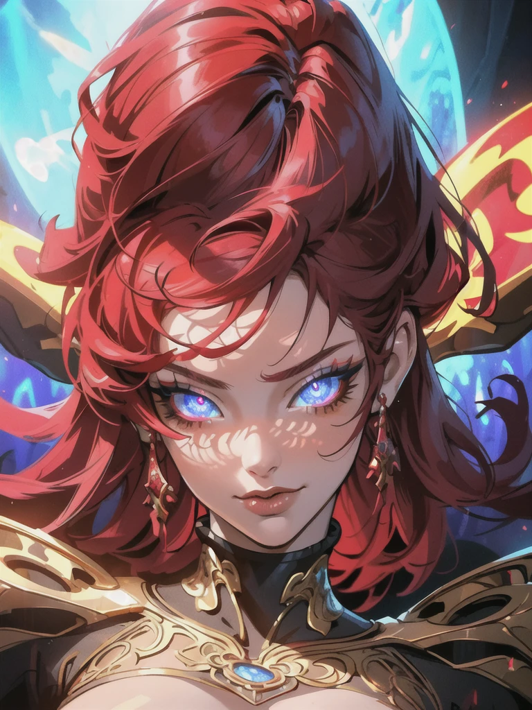 Red hair color,(masterpiece, best quality),(1 lady),(solo),(artstation),(dynamic),(charming),(magical),(unreal engine),(fantastically beautiful),(illustration),(dramatic lighting),(rave background),(neon glow),(maximalist),(extremely detailed eyes and face),(long eyelashes),(intricate details),(vibrant colors),(cinematic lighting),(fantasy portrait)