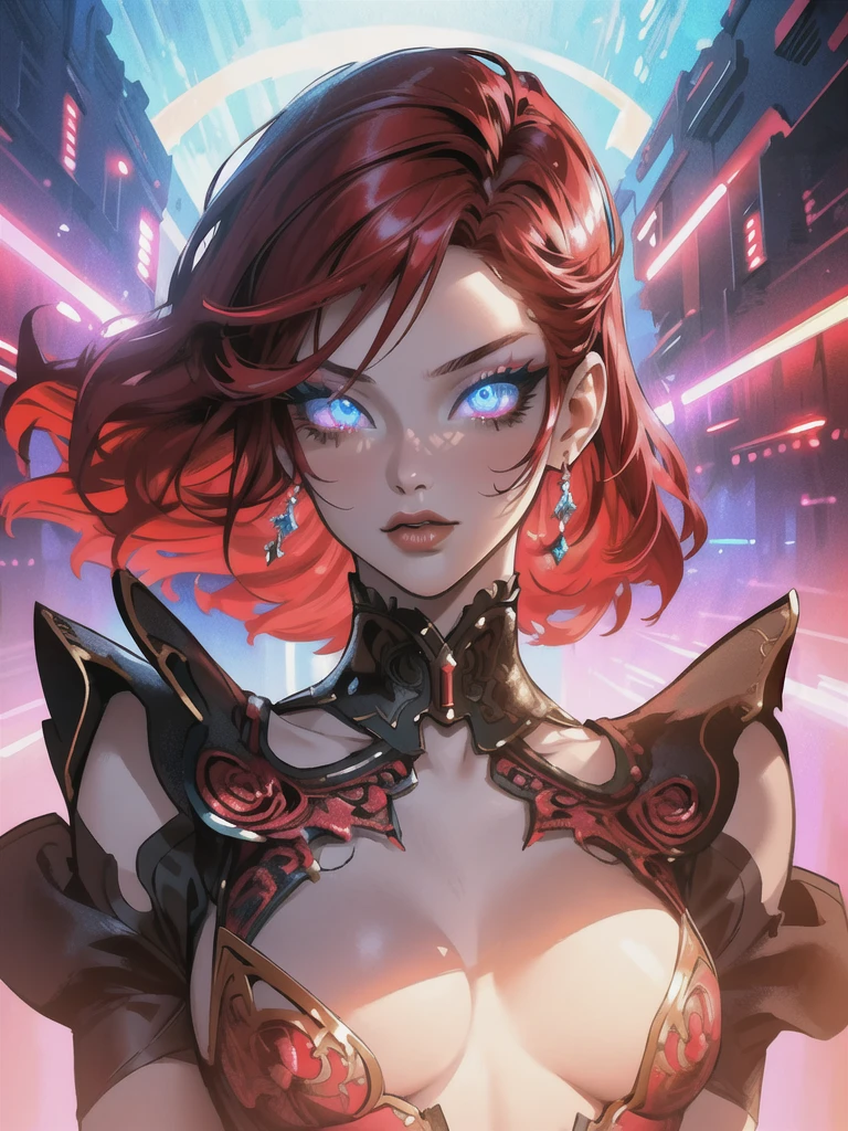 Red hair color,(masterpiece, best quality),(1 lady),(solo),(artstation),(dynamic),(charming),(magical),(unreal engine),(fantastically beautiful),(illustration),(dramatic lighting),(rave background),(neon glow),(maximalist),(extremely detailed eyes and face),(long eyelashes),(intricate details),(vibrant colors),(cinematic lighting),(fantasy portrait)