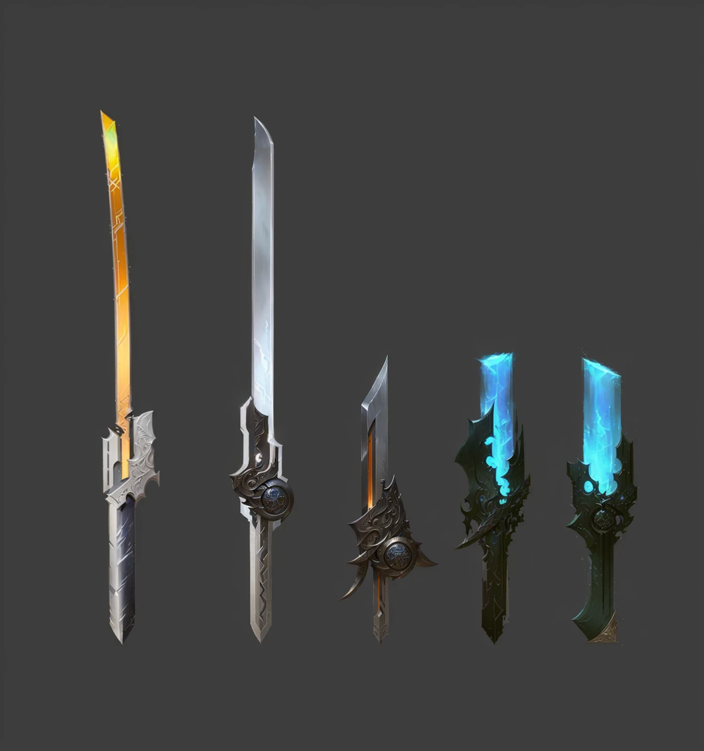 a close up of a group of different swords with different colors, weapons concept art, weaponry concept designs, weapon concept art, weapon design, sci-fi sword, fantasy rpg weapon art, weapons, lots of weapon, epic fantasy weapon art, concept arts, hard edges concept art, multiple floating swords, fantasy weapon, sword design, concept art, concept art