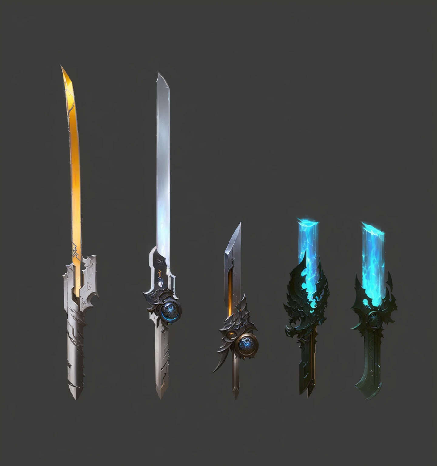 a close up of a group of different swords with different colors, weapons concept art, weaponry concept designs, weapon concept art, weapon design, sci-fi sword, fantasy rpg weapon art, weapons, lots of weapon, epic fantasy weapon art, concept arts, hard edges concept art, multiple floating swords, fantasy weapon, sword design, concept art, concept art