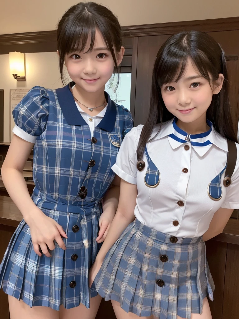 Highest quality、masterpiece、、Very detailed、Realistic、(Young face:1.4)、(Looks like an elementary school :1.4)、(Two Girls)、(Looking at me with a mischievous smile)、whole body、Small face、Narrow shoulders、(Very small breasts:1.6)、Thin and beautiful legs、Tight and slim waist、(Waitress uniform with buttons and collar:1.2)、(Light blue plaid mini skirt:1.1)、Short Hair、restaurant、(Open the chest buttons a little:1.6)、(Leaning forward:1.6)