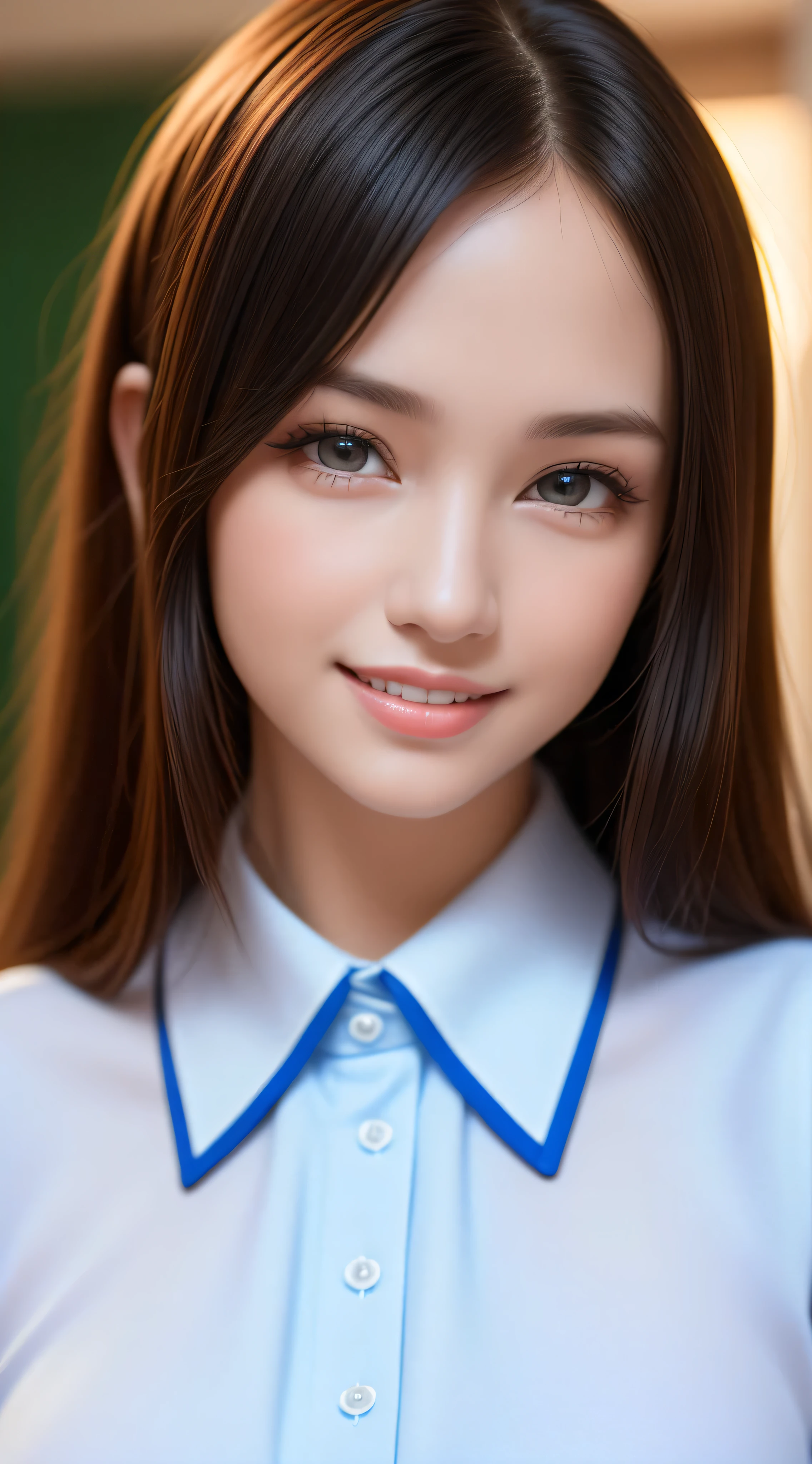 , 1girl in, Extremely cute, Amazing face and eyes, (Beautiful lovely smile), (extremely detailed beautiful face), bright and shiny lips, Super beautiful, (School blouse:1.3), (Best Quality:1.4), (hyper quality), (Ultra-detailed), (Hyper-realistic, Photorealsitic:1.37), Authentic skin texture, Highly detailed CG integrated 8k wallpapers, RAW Photos, professional photograpy, Cinematic lighting,