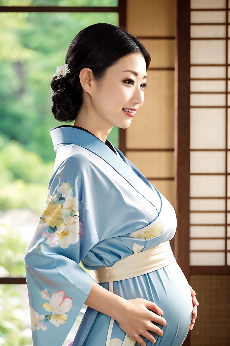 (Highest quality、Tabletop、8K、Best image quality、Award-winning works)、(One beautiful mature woman:1.1)、Adult face、(Innkeeper:1.1)、(Elegant floral kimono:1.2)、(A kimono with a perfect and precise collar:1.2)、Perfect mature woman portrait photo、Glowing Skin、Standing Elegantly、(Blurred elegant and exquisite perfect Japanese style room background:1.3)、(The most natural and perfect tidy Japanese style room background:1.2)、Glowing White Skin、Very white skin、(Accentuate your body lines:1.1)、(The most graceful posture:1.2)、(Large Breasts:1.2)、A perfect smile、Perfect beautiful glossy lips、(Accurate anatomy:1.2)、(A perfect and elegant kimono:1.1)、(Standing with good posture:1.1)、(Natural pregnancy belly swelling:1.1)