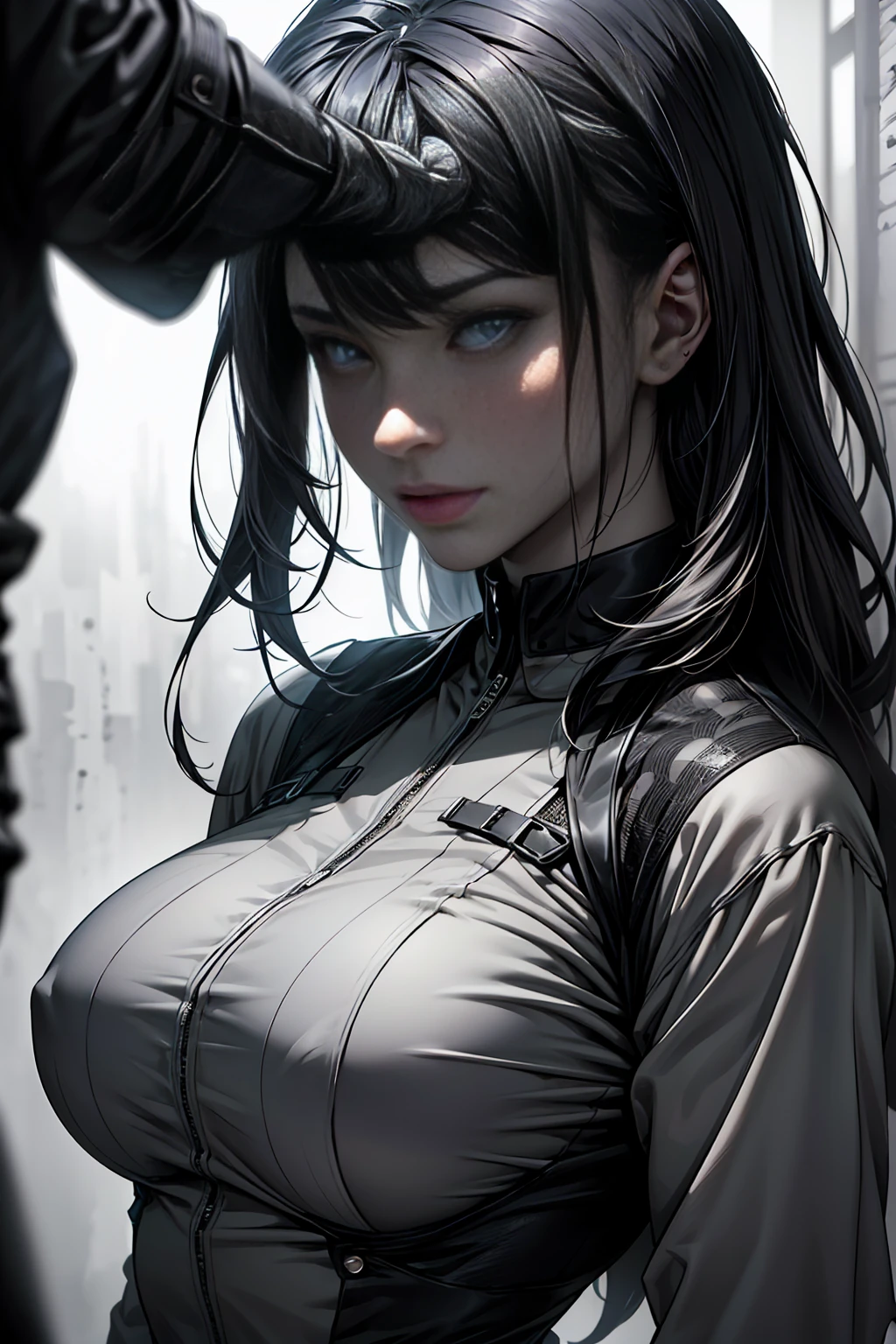 1girl, japanese woman, a voluptuous female fremen in chrome suit, highly detailed portrait, hyper realistic, dramatic lighting, intricate details, cinematic composition, desaturated color palette, moody atmosphere, 8K, (best quality, 4k, 8k, UHD, masterpiece:1.2), ultra-detailed, (realistic, photorealistic, photo-realistic:1.37), HDR, studio lighting, extreme detail description, professional, vivid colors, bokeh