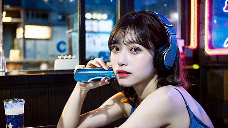 A bar surrounded by stars。A young and beautiful woman、At the bar window、With headphones、While listening to music、Drinking canned chuhai。she、With dark brown short hair、Droopy eyes、and、round face。Blue bikini bra and、Denim shorts、Wearing。