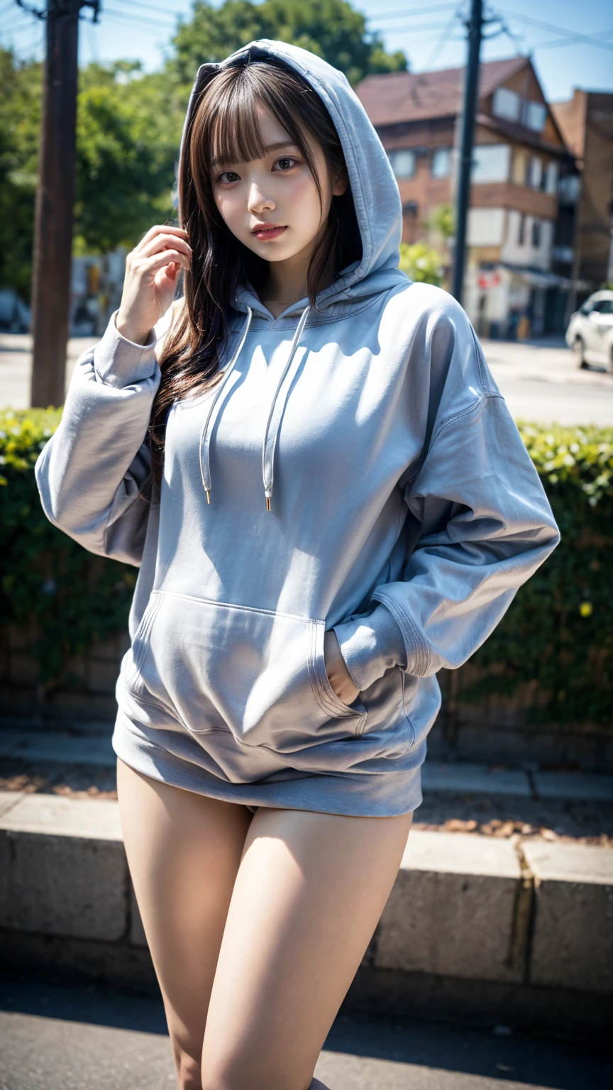 Best Quality,masutepiece,超A high resolution,of the highest quality,Realistic,Ultra Detail, in 8K, (Very oversized hoodie:1.2)thighs thighs thighs thighs、FULL BODYSHOT