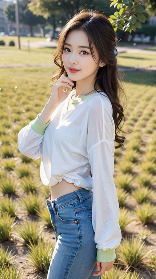 （RAW photos，Ultra-high resolution，masterpiece，Best quality：1.4），Intricate details，2 20 year old Korean girl，Wear a loose black T-shirt and stylish jeans，Stand on the grass and take pictures，Embrace，close，Detailed meadow，A sweet smile on the little face，Bangs to eyebrows、Beautiful brown hair、Beautiful and delicate eyes、Brown eyes、Raise an eyebrow、Bangs to eyebrows、Beautiful brown hair、Beautiful and delicate eyes、Brown eyes、Raise an eyebrow、High Nose、Small nostril、Little mouth、Tempting lips、Mouth slightly open、Beautiful breasts、Full body、Oval face,Phoenix Eyes，Eyebrow， Double eyelids, Long eyelashes, A faint smile makes the face and skin pink and white，Ultra-realistic facial details，Beautiful ribbons and hair accessories，Playful and flirty pose，The calves are straight and thin:1.5，Wear high-end brand colored sneakers:1.5，dusk，warm color，Wide lighting，Natural shadows，Beautiful slim buttocks，Take a full body photo:1.8