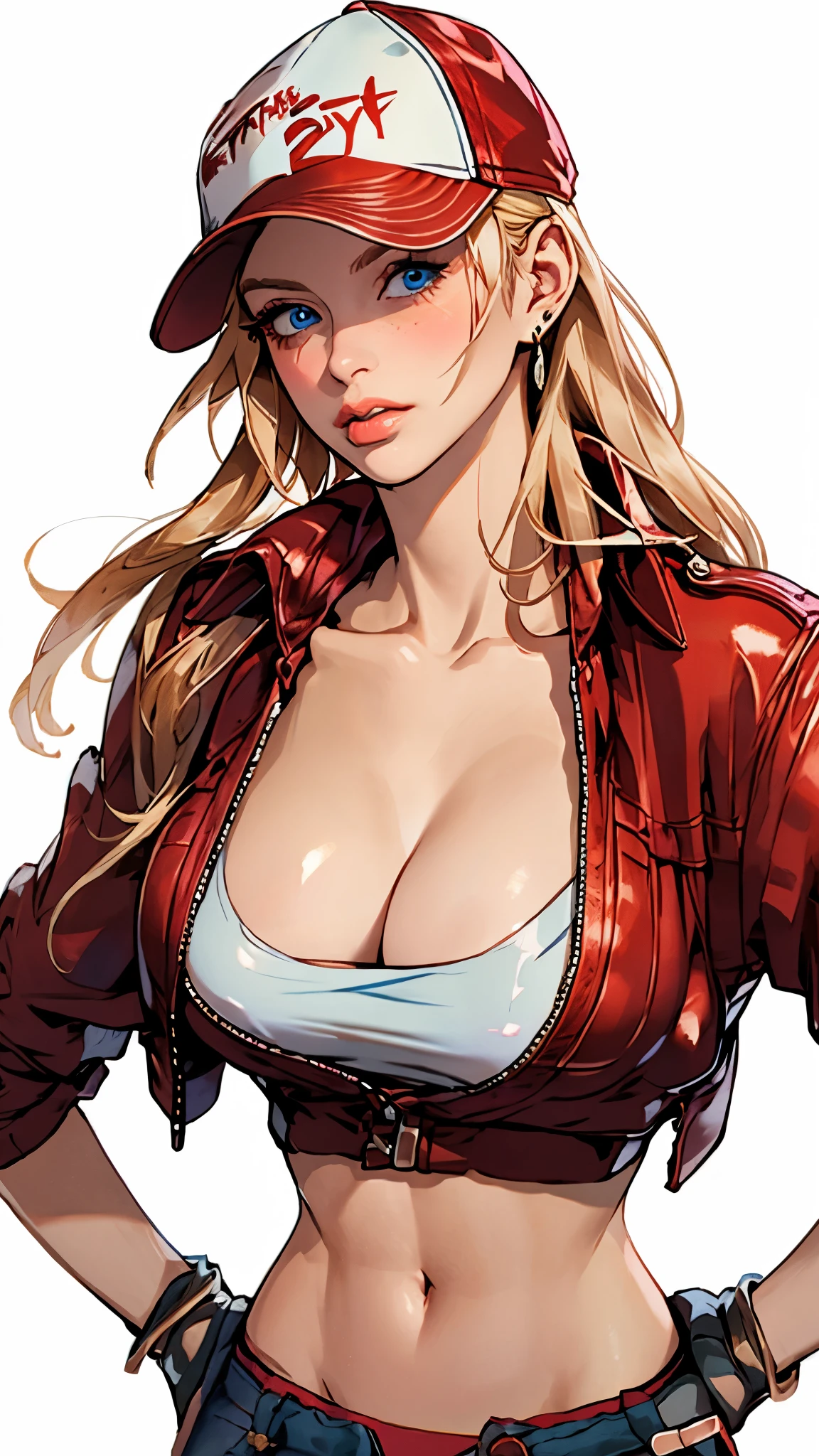 ((((masterpiece, best quality, high resolution)))), Extremely detailed 8K, 1 female, matte eyeshadow, eyelashes, eyeliner, glossy lipstick, (pouty lips:1.3) makeup, blush, BREAK detailed background, BREAK Terry Bogard girl, blond hair, ponytail, long hair, baseball cap, fingerless gloves, denim shorts, (Ultra HD, Ultra-detailed, Highly detailed, Highly realistic, Ultra-realistic, photograph realistic), (1girl:1.5), (Realistic long blond hair), (dynamic poses), facing at camera, looking at viewer, (a serious focus face), (regular blue eyes, sharp eyes), (perky breasts:1.2), (beautiful detailed face, beautiful detailed eyes), glow, (sunbeam, sunlight), ((cowboy shot)), seductive, EnvyBetterHands LoCon,