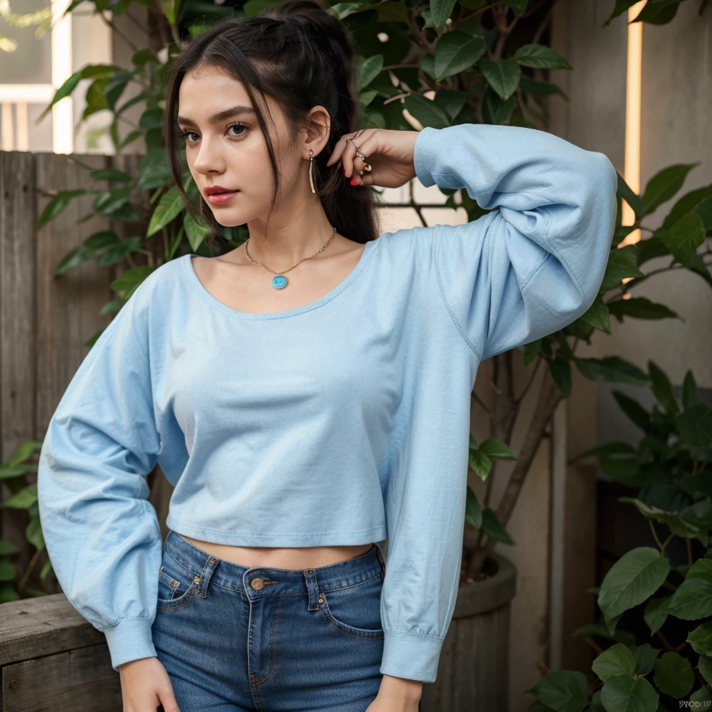 18 yearold girl(best quality,4k,8k,highres,masterpiece:1.2),ultra-detailed,(realistic,photorealistic,photo-realistic:1.37),portrait,girl,wearing overloose sweater blue,small chain on neck,black hair,hair band in ponytail,vivid colors,soft lighting,lush garden background,subtle bokeh,warm color tones,rich girl,red lipstick,earing,full sleeve top,long shirt,round neck style dress,wearing jeans pant,hoodie,wearing a ring in hand, neon light