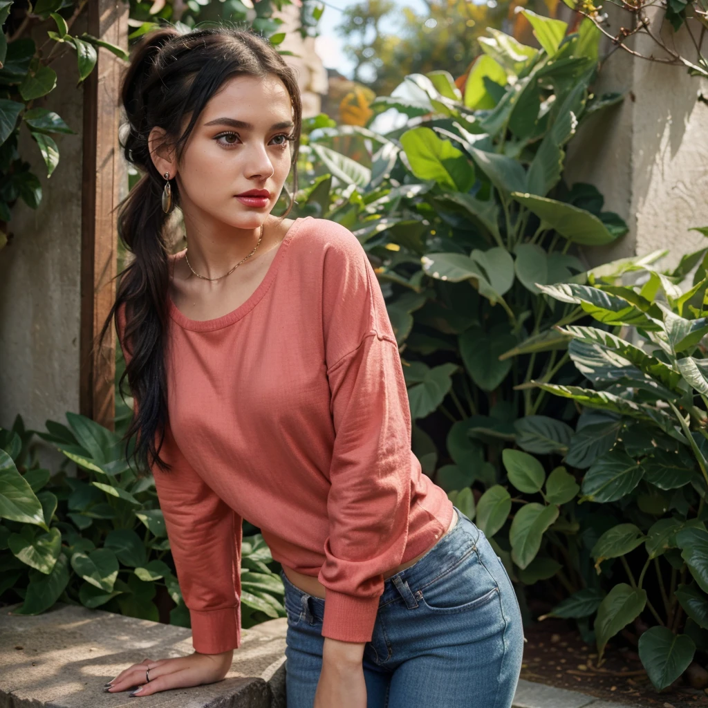 18 yearold girl(best quality,4k,8k,highres,masterpiece:1.2),ultra-detailed,(realistic,photorealistic,photo-realistic:1.37),portrait,girl,wearing overloose sweater blue,small chain on neck,black hair,hair band in ponytail,vivid colors,soft lighting,lush garden background,subtle bokeh,warm color tones,rich girl,red lipstick,earing,full sleeve top,long shirt,round neck style dress,wearing jeans pant,hoodie,wearing a ring in hand, neon light