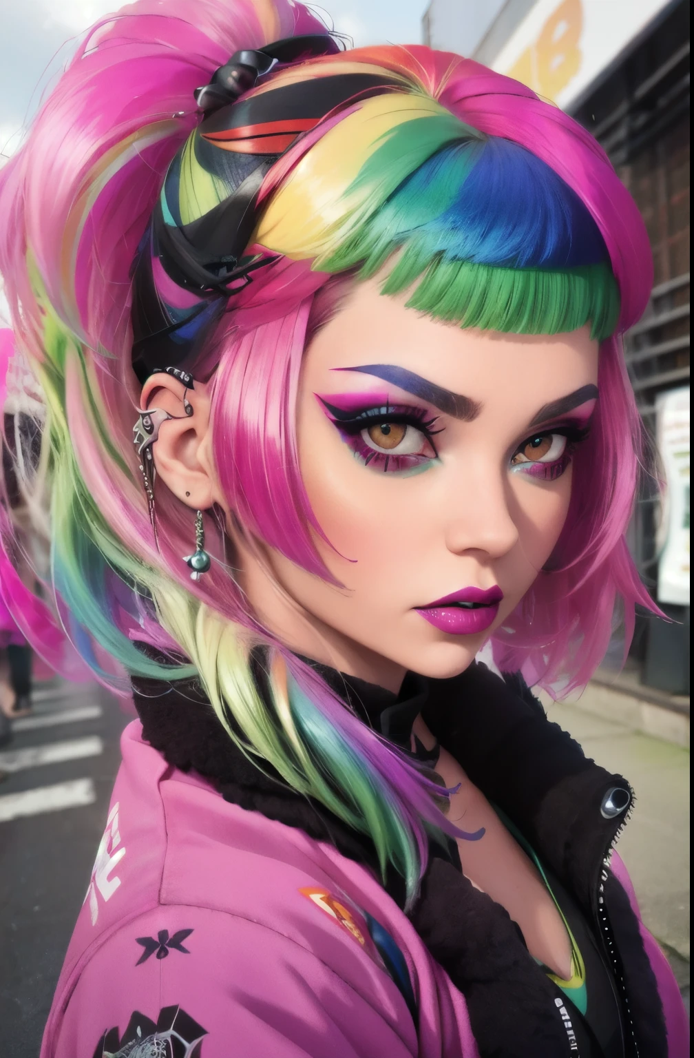 woman, microbangs, rainbow hair, punk aesthetic, long ponytail, outdoors, long sides, punk, glam punk makeup, heavy makeup, jacket, pale skin