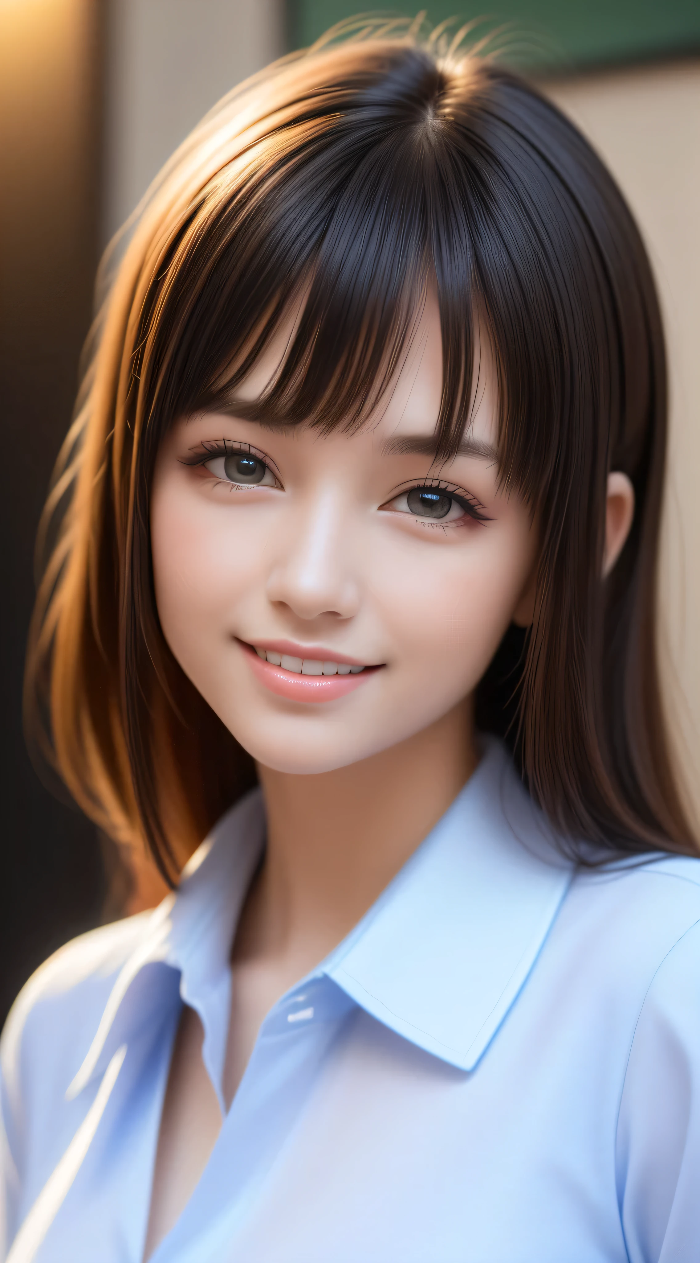 , 1girl in, Extremely cute, Amazing face and eyes, (Beautiful lovely smile), (extremely detailed beautiful face), bright and shiny lips, Super beautiful, (School blouse:1.3), (Best Quality:1.4), (hyper quality), (Ultra-detailed), (Hyper-realistic, Photorealsitic:1.37), Authentic skin texture, Highly detailed CG integrated 8k wallpapers, RAW Photos, professional photograpy, Cinematic lighting,