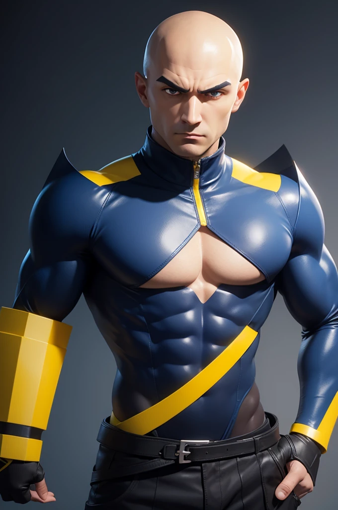 Roblox-style male character with a yellow head, dark blue chest and a serious, bald face