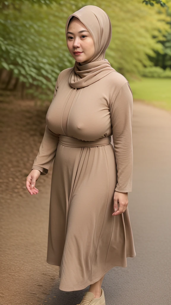((best quality)), ((masterpiece)), ((realistic)), woman, 45-year-old, Japanese woman, wearing black Hijab , short girl, mesmerizing blue eyes, extremely detailed, natural skin tone, big breast, skin with pores, wearing beige long sleeves plicated suit maxi dress, body fitted maxi dress, portrait, full body shot, fit body, wearing pink shoes, side view, side shot, walking in park, shallow depth of field, fat belly