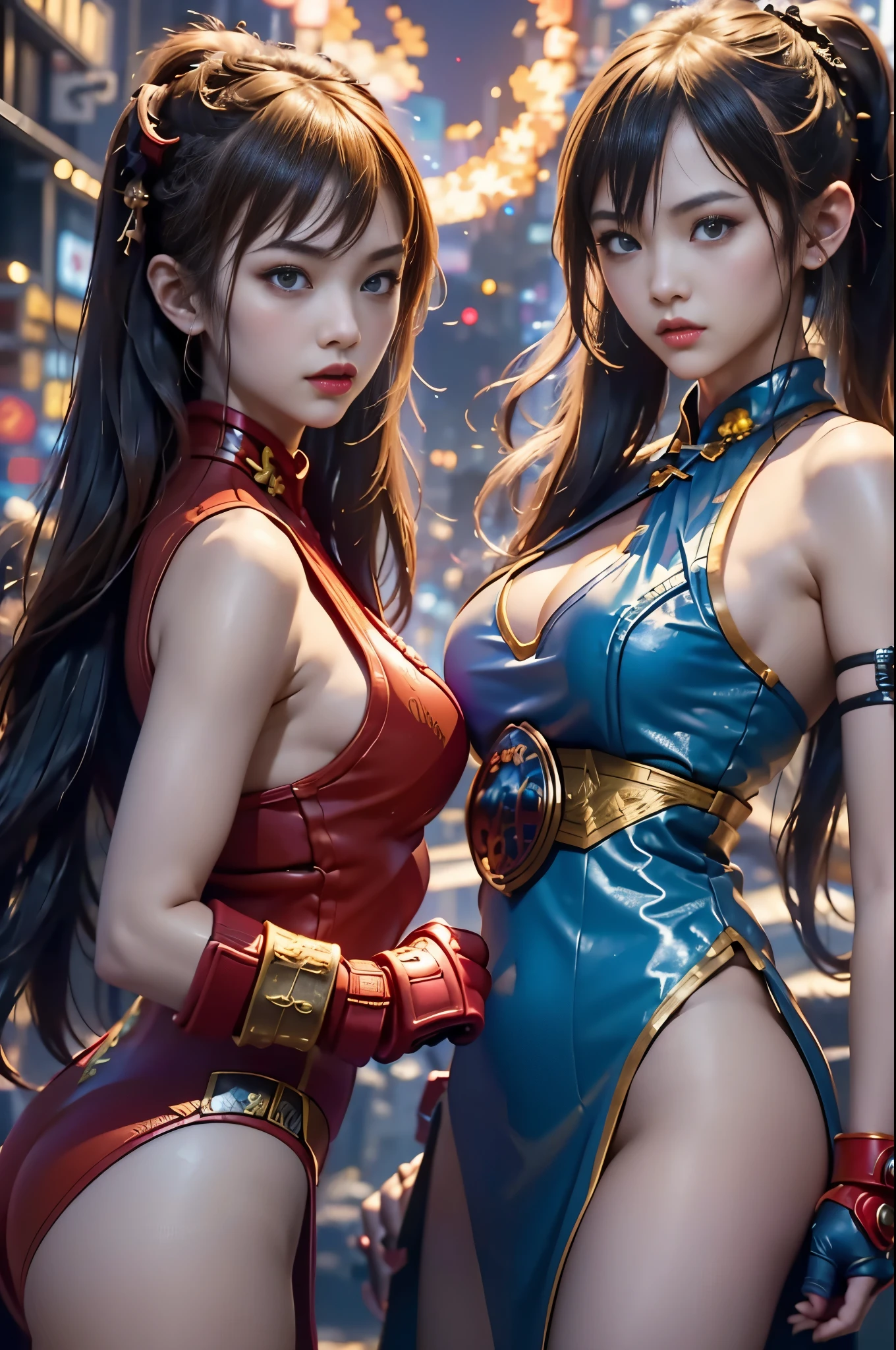 Scenario: video game world ((Street Fighter)), two girls in a dynamic position facing each other, (1 vs. 1), (female fighter dressed as an imperial Chinese warrior), (second fighter dressed as a Viking warrior), status rods on the sides, explosions, fire,